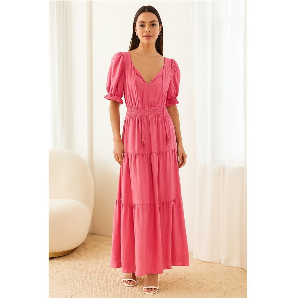 NWT Moon River Anthropologie Puff Sleeve Tiered Cut Out Maxi Dress Size XS